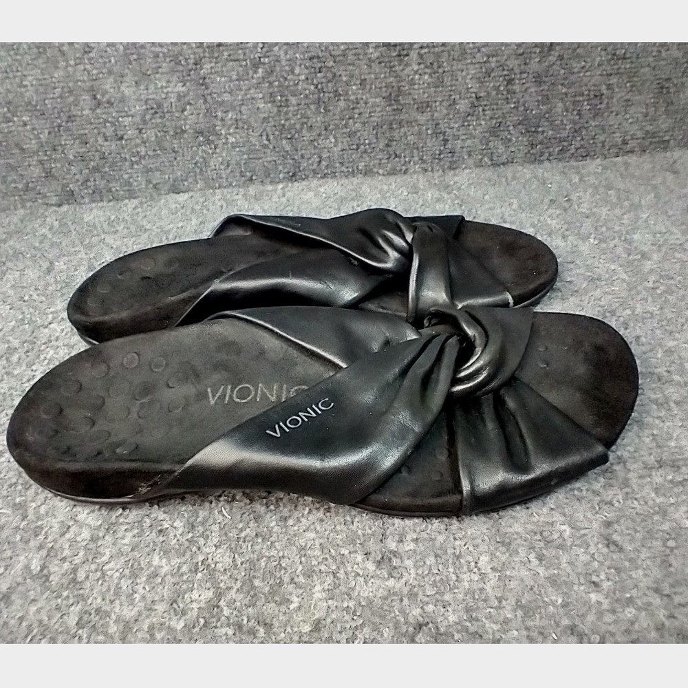 Vionic Shelley Slide Sandals Women 9 Wide Black Leather Orthotic Knotted Twist